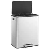 HOMCOM Poubelle à Double Compartiment 2 x 30L, Poubelle de Cuisine en Acier Inoxydable, Couvercle à Fermeture Douce, Argent(m-17)