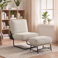HOMCOM Sessel mit Fußhocker Verstellbare Rückenlehne Cord-Lesesessel mit breitem Sitz Dick gepolstert Creme(m-5)