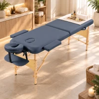 HOMCOM Portable Massage Bed, Folding Spa Beauty Massage Table with 2 Sections, Carry Bag and Wooden Frame, Dark Blue(m-9)