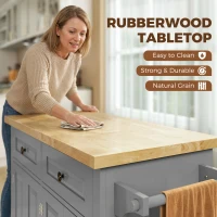 HOMCOM Kitchen Island on Wheels, Rolling Kitchen Trolley with Rubberwood Top, 2 Drawers, Adjustable Shelves, Grey(m-4)