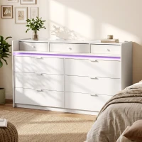HOMCOM Chest of Drawers for Bedroom with LED Light & Charging Station, 9 Drawers Storage Unit/TV Stand, White(m-9)
