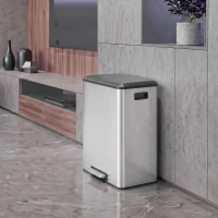HOMCOM Poubelle à Double Compartiment 2 x 30L, Poubelle de Cuisine en Acier Inoxydable, Couvercle à Fermeture Douce, Argent(m-10)