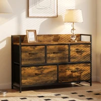 HOMCOM Cómoda de Quarto com 5 Gavetas, Cómoda em Tecido com Tampo de Madeira, Castanho e Preto(m-2)