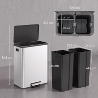 HOMCOM Poubelle à Double Compartiment 2 x 30L, Poubelle de Cuisine en Acier Inoxydable, Couvercle à Fermeture Douce, Argent(m-3)
