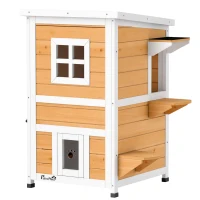 PawHut Caseta para Gatos de Madera Exterior de 2 Niveles con Techo Abatible Panel Central Extraíble 51x51x81,3 cm Natural(m-1)
