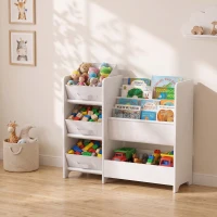 AIYAPLAY Meuble Rangement Enfant à 3 Niveaux avec 4 Porte-livres, 3 Bacs en Tissu et Compartiment, 64,5 x 30 x 66 cm, Blanc(m-9)