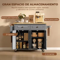 HOMCOM Isla de Cocina con Ruedas Mueble Auxiliar de Cocina con Especiero y Barra Lateral 111x44,5x82,5 cm Gris(m-6)