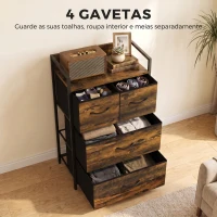 HOMCOM Cómoda com 4 Gavetas em Tecido para Quarto, com Prateleira Superior e Estrutura Metálica, Castanho Rústico(m-4)