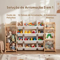 AIYAPLAY Estante Infantil para Brinquedos em Madeira com 12 Caixas, Organizador de Peluches e 3 Prateleiras 146x39,5x88 cm Natural(m-4)