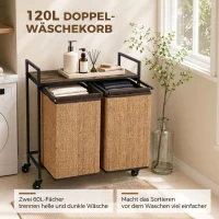 HOMCOM Wäschekorb Bambus 2 Fächer 120 L Wäschesammler mit Regal Ablage, Wäschebox Wäschesack, Rollbar 73x33x78 cm, Braun(m-4)