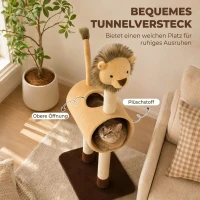 PawHut Krabpaal 104 cm, kattenboom in leeuwdesign met krabpalen, tunnel en hangende staart, voor katten tot 7 kg, lichtbruin(m-5)