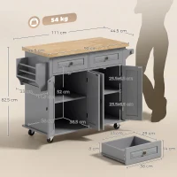 HOMCOM Kitchen Island on Wheels, Rolling Kitchen Trolley with Rubberwood Top, 2 Drawers, Adjustable Shelves, Grey(m-3)