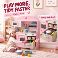 AIYAPLAY Kids Play Kitchen with Lights & Sounds, Pretend Play Toy set with Fabric Drawer, 5-Piece Accessories for 3-6 Years, Pink(m-7)