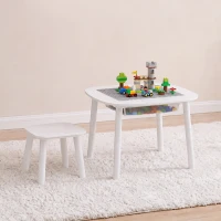 AIYAPLAY Bureau et Chaise pour Enfant 2 Pièces avec Plateau de Construction en Briques et Sac en Filet, 3 à 6 Ans, Blanc(m-10)
