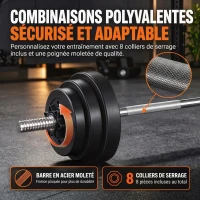 SPORTNOW Kit Haltères Musculation 50 kg 3 en 1, Poids Réglable Revêtement PP, Barre Antidérapante, Verrouillage, Noir(m-7)
