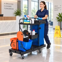 HOMCOM Putzwagen Reinigungswagen mit 3 Ebenen Wischwagen mit Presse, 2x18L Eimer, Abfallsack und 4 Rollen für Hotel Gastronomie und Gebäudereinigung(m-3)