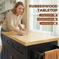 HOMCOM Kitchen Island on Wheels, Rolling Kitchen Trolley with Rubberwood Top, 2 Drawers, Adjustable Shelves, Black(m-4)