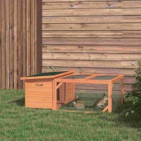 PawHut Clapier d'extérieur, cage lapin avec enclos, toit en asphalte, cadre en bois, 125,5 x 100 x 49 cm, orange(m-2)
