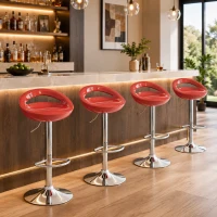 HOMCOM Set 2 Scaune de Bar Rotative cu Suport pentru Picioare, Înălțime Reglabilă, Bază din Oțel, Șezut din ABS, Roșu(m-9)