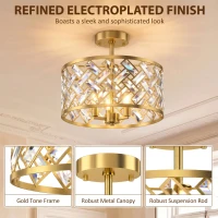 HOMCOM 3-Light Crystal Glass Ceiling Light, Modern Ceiling Lamp w/ 3 E14 Sockets for Living Room, Bulb Not Included, Gold Tone(m-7)