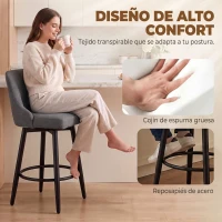 HOMCOM Juego de 2 Taburetes de Bar Giratorios Tapizados en Lino Respaldo y Reposapiés Marco de Acero Gris Oscuro(m-5)