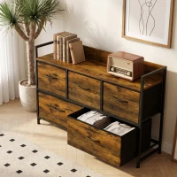 HOMCOM Cómoda de Quarto com 5 Gavetas, Cómoda em Tecido com Tampo de Madeira, Castanho e Preto(m-9)