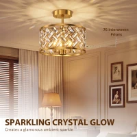 HOMCOM 3-Light Crystal Glass Ceiling Light, Modern Ceiling Lamp w/ 3 E14 Sockets for Living Room, Bulb Not Included, Gold Tone(m-4)