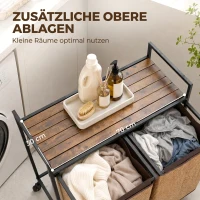 HOMCOM Wäschekorb Bambus 2 Fächer 120 L Wäschesammler mit Regal Ablage, Wäschebox Wäschesack, Rollbar 73x33x78 cm, Braun(m-5)