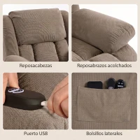 HOMCOM Sillón Relax Reclinable Eléctrico Levanta Personas Masaje Vibratorio y Calor Asiento Ancho Puerto USB Bolsillos Marrón(m-7)