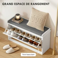 HOMCOM Banc à chaussures avec tiroir rabattable, coussin d'assise et étagère réglable, 80 x 26 x 48 cm, blanc(m-4)
