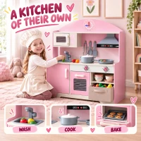 AIYAPLAY Kids Play Kitchen with Lights & Sounds, Pretend Play Toy set with Fabric Drawer, 5-Piece Accessories for 3-6 Years, Pink(m-4)