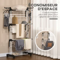 HOMCOM Séchoir étendoir à linge sur roulette pliable ailes latérales intérieure et extérieure 73 x 64 x 177 cm noir argent(m-6)
