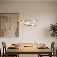 HOMCOM 38W Lâmpada Pendente LED com 2 Anéis e 3 Temperaturas de Cor, 3000-6000K, Altura Ajustável, Ouro(m-2)