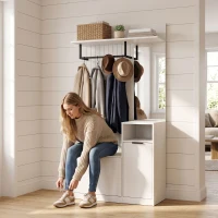 HOMCOM Cuier 6-în-1 Mobilier de intrare cu banc pentru încălțăminte, oglindă, sertar basculant, etajere reglabile, 4 cârlige, alb(m-6)