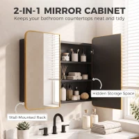 HOMCOM 76.2 x 11.6 x 61 cm Bathroom Mirror Cabinet, Wall Cabinet with Adjustable Shelves, Wall-Mounted or Recessed, Gold Tone(m-4)