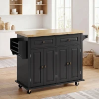 HOMCOM Ilha Central de Cozinha com Tampo em Hévea Carrinho de Cozinha com Rodízios e 2 Gavetas 111x44,5x82,5 cm Preto(m-2)