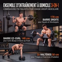 SPORTNOW Kit Haltères Musculation 50 kg 3 en 1, Poids Réglable Revêtement PP, Barre Antidérapante, Verrouillage, Noir(m-4)