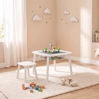 AIYAPLAY Bureau et Chaise pour Enfant 2 Pièces avec Plateau de Construction en Briques et Sac en Filet, 3 à 6 Ans, Blanc(m-2)