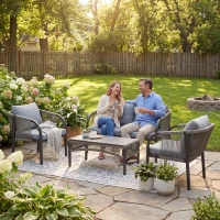Outsunny 4 Piece Rattan Garden Furniture Set with Loveseat, Armchairs, Table, Steel Frame Wicker Patio Conversation Set, Grey(m-10)