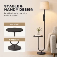 HOMCOM Modern Floor Lamp with Shelf, Dimmable Floor Lamp with Linen Shade, RF Remote and Foot Switch for Living Room, Black(m-7)
