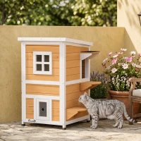 PawHut Caseta para Gatos de Madera Exterior de 2 Niveles con Techo Abatible Panel Central Extraíble 51x51x81,3 cm Natural(m-8)