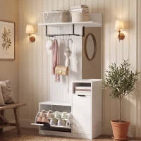 HOMCOM Cuier 6-în-1 Mobilier de intrare cu banc pentru încălțăminte, oglindă, sertar basculant, etajere reglabile, 4 cârlige, alb(m-4)