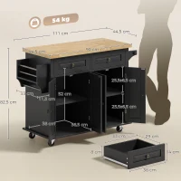 HOMCOM Isla de Cocina con Ruedas Mueble Auxiliar de Cocina con Especiero y Barra Lateral 111x44,5x82,5 cm Negro(m-3)
