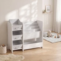 AIYAPLAY Meuble Rangement Enfant à 3 Niveaux avec 4 Porte-livres, 3 Bacs en Tissu et Compartiment, 64,5 x 30 x 66 cm, Blanc(m-2)