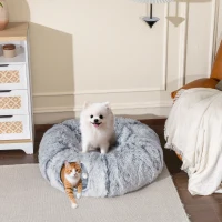 PawHut Túnel para Gatos 3 en 1 Cama Túnel para Gatos Plegable Cojín Lavable Entradas y Bola Colgante 90x80x27 cm Gris Claro(m-10)