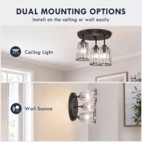 HOMCOM 3-Light Crystal Glass Ceiling Light, Triple Head with Dual Mounting, Modern Ceiling Lamp for Living Room, Black(m-6)