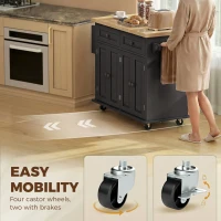 HOMCOM Kitchen Island on Wheels, Rolling Kitchen Trolley with Rubberwood Top, 2 Drawers, Adjustable Shelves, Black(m-7)