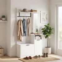 HOMCOM Cuier 6-în-1 Mobilier de intrare cu banc pentru încălțăminte, oglindă, sertar basculant, etajere reglabile, 4 cârlige, alb(m-7)