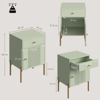 HOMCOM Modern Bedside Tables Set of 2, Side Tables with Drawer and Metal Legs for Living Room, Bedroom, Light Green(m-3)