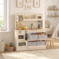 AIYAPLAY Cuisine Enfant, Cuisine en Bois Enfant Dinette, Effet Lumières et Sons, 4 Bacs en Tissu, 12 Accessoires, 3-6 Ans, Crème(m-9)